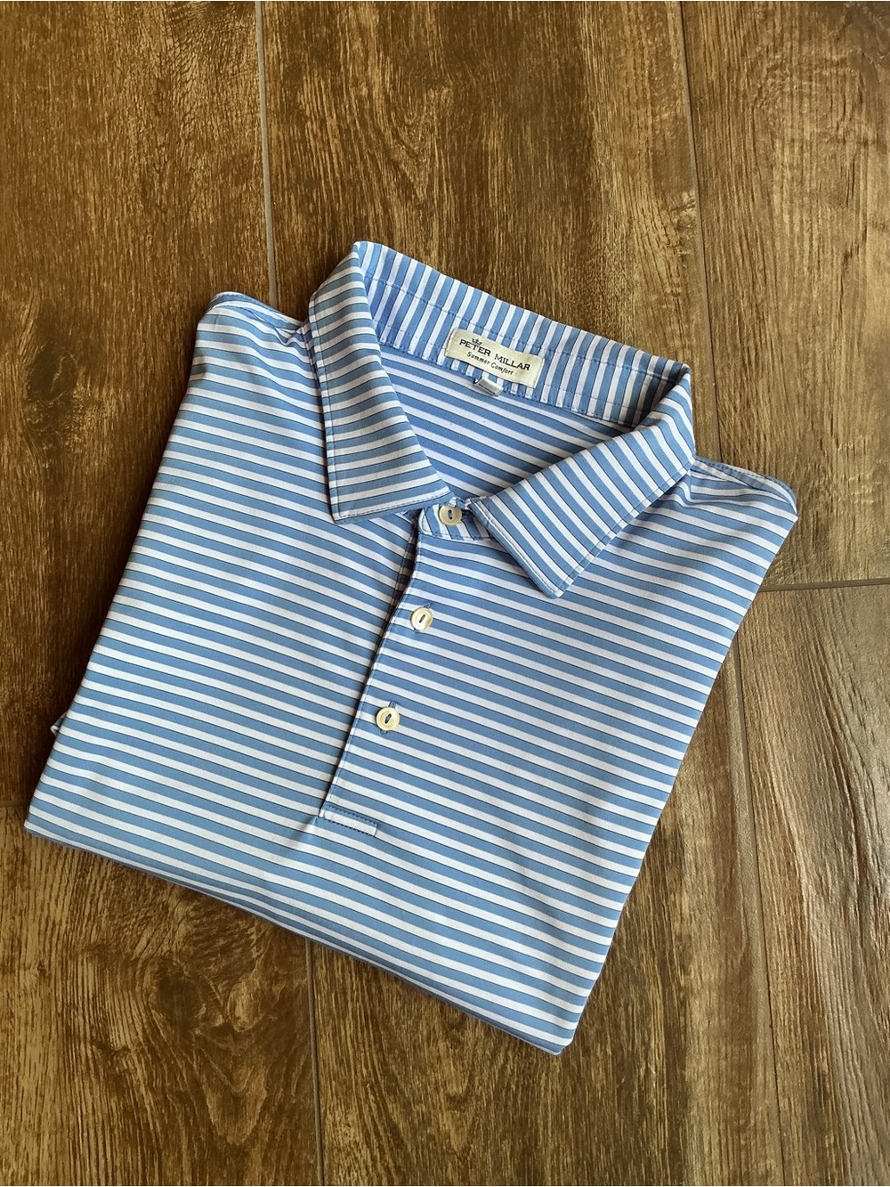 Peter Millar Light Blue and White Striped Polo
